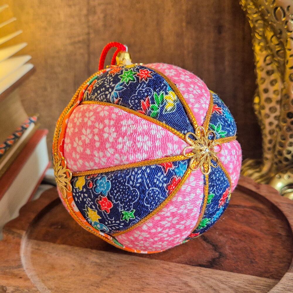 Vintage Japanese Kimekomi Fabric Ball Hanging Ornament Temari Style Decor
